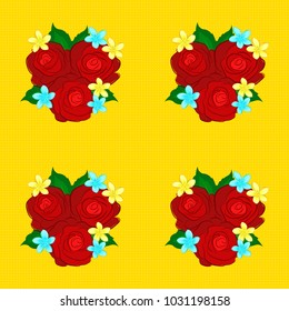 Rose flowers seamless pattern in blue, yellow and red colors. Cute vector floral background.