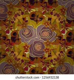 Rose flowers seamless pattern in brown, yellow and orange colors. Cute vector floral background.