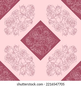 Flores de rosa sin fisuras en estilo damasco con elementos repetidos rhombus. Esbozo de esquema de ramo de rosa sobre fondo de azulejos rosa y rojo suave. Impresión vectorial para diseño de papel textil o de regalo.