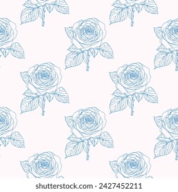 Rose flowers Seamless pattern. Delicate abstract art, blue navy line sketch on pale. Botanical artistic background.