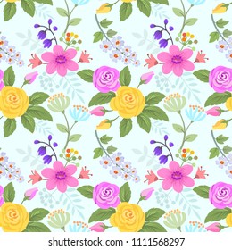 rose and flowers seamless pattern. fabric textile wallpaper.