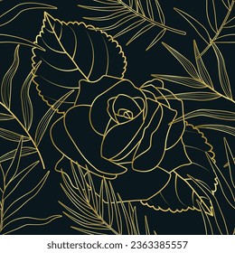 Rose Flowers seamless pattern with gold outine