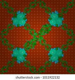 Rose flowers seamless pattern in green, blue and orange colors. Cute vector floral background.