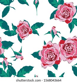 Rose flowers seamless pattern and leaves. Hand drawn illustration vector.