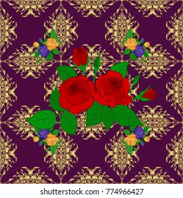 Rose flowers seamless pattern in neutral and purple colors. Cute vector floral background.