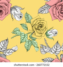 Rose flowers seamless pattern on yellow background vector illustration