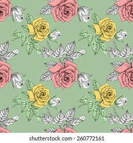 Rose flowers seamless pattern on green background vector illustration