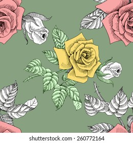 Rose flowers seamless pattern on green background vector illustration