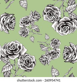 Rose flowers seamless pattern on green background vector illustration