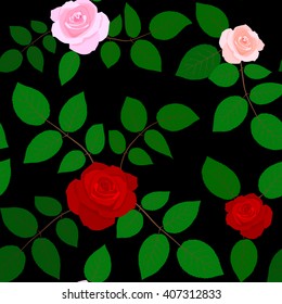 Rose flowers seamless pattern on black background. Vector illustration.