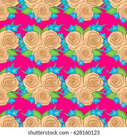 Rose flowers seamless pattern on a magenta background. Cute vector floral background.