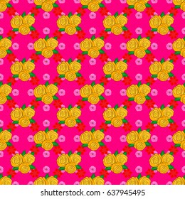 Rose flowers seamless pattern on a magenta background. Cute vector floral background.