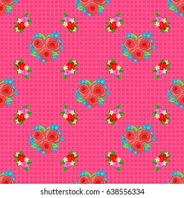 Rose flowers seamless pattern on a pink background. Cute vector floral background.