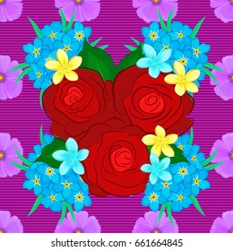Rose flowers seamless pattern on a purple background. Cute vector floral background.