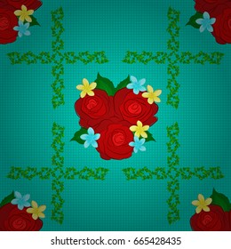 Rose flowers seamless pattern on a blue background. Cute vector floral background.