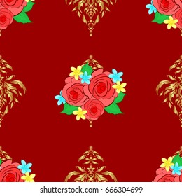 Rose flowers seamless pattern on a red background. Cute vector floral background.