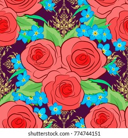 Rose flowers seamless pattern in pink, blue and purple colors. Cute vector floral background.