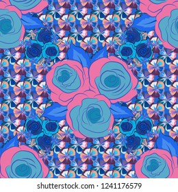 Rose flowers seamless pattern in purple, blue and pink colors. Cute vector floral background.