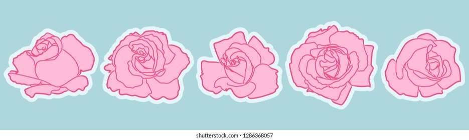 Rose flowers set. Hand drawn doodle icons. Fashion floral elements for fabric and textile embroidery prints, patches or stickers.