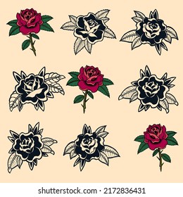 rose flowers set vector print illustration