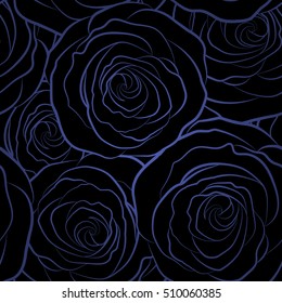 Rose flowers silhouette, abstract, monochrome, blue on a black. Seamless pattern can be used as greeting card, invitation card for wedding, birthday and other holidays and summer background.