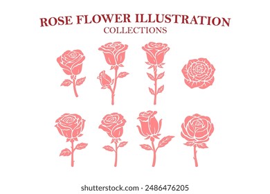 rose flowers silhouette illustration set designs. hand drawn of rose flowers icons for boutique, florist business. floral rose flower feminine modern elements for logo, wall art, poster, prints