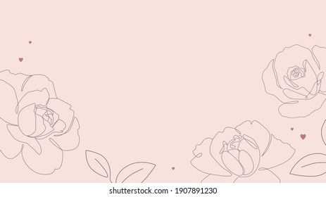 Rose flowers single line drawing with hearts on pink background. One line minimalist style illustration for romantic banner, card or invitation design. - Vector