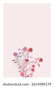 Rose flowers surrealism vivid colors in pink frame on white verticall background graphic illustration have blank space. Valentine's day greeting card template. Weeding invitaion card template.