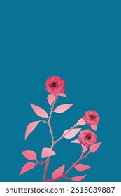Rose flowers surrealism vivid colors on blue vertical background graphic illustration have blank space. Valentine's day greeting card template.
