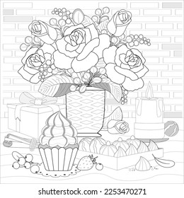 Rose flowers in a vase, cupcake, gift, chocolate sweets and candle for coloring book page. Vector illusrtation