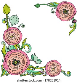 Rose flowers  vector frame with flowers, leaves, insects in pastel colors