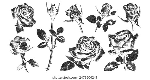 Rose flowers with vintage stipple effect, y2k coquette collage design. Monochrome photocopy retro design rosebud elements. Vector illustration for romantic grunge gothic surreal poster