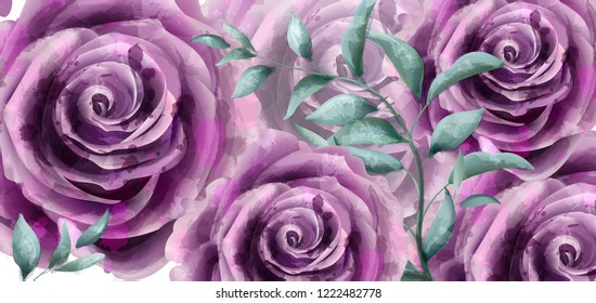 Rose flowers watercolor banner poster Vector. Beautiful vintage purple colors floral decors