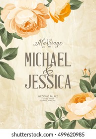 Rose flowers for wedding card. Printable vintage marriage invitation with flowers over old paper background. Vector illustration.