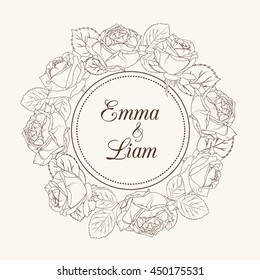 Rose flowers wreath design element. Wedding invitation template. Brown beige sepia vector illustration.
