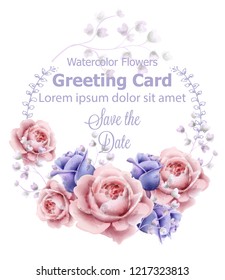 Rose flowers wreath frame card watercolor Vector. Delicate vintage pastel colors floral decor banners