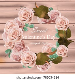 Rose flowers wreath realistic Vector. Delicate pink floral round frame. Valentine day cards