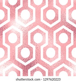 Rose foil seamless geometric background with hexagonal elements and circles