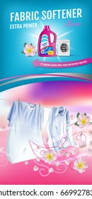 Rose fragrance fabric softener gel ads. Vector realistic Illustration with laundry clothes and softener rinse container. Vertical banner