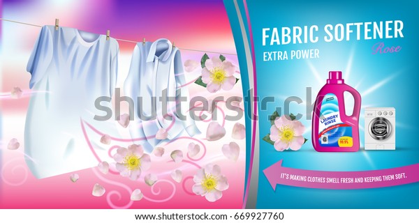 Rose fragrance fabric softener gel ads. Vector\
realistic Illustration with laundry clothes and softener rinse\
container. Horizontal\
banner
