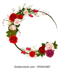 Rose frame background. Circle floral frame with white and red flowers isolated on white.