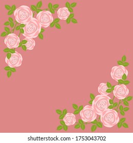 Rose frame border. Flower bouquet pattern and blank space for text. Flat design. Botanical illustration.