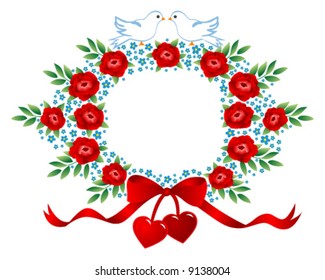 Rose frame with dove and two red heart