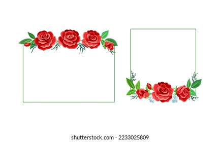 Rose Frame with Red Lush Bud and Green Leaves Arranged in Shape with Border Vector Set