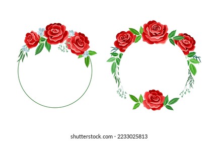 Rose Frame with Red Lush Bud and Green Leaves Arranged in Shape with Border Vector Set