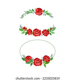 Rose Frame with Red Lush Bud and Green Leaves Arranged in Shape with Border Vector Set