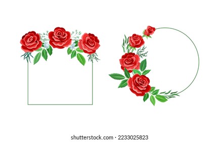 Rose Frame with Red Lush Bud and Green Leaves Arranged in Shape with Border Vector Set