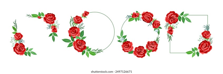 Rose Frame with Red Lush Bud and Green Leaves Arranged in Shape with Border Vector Set
