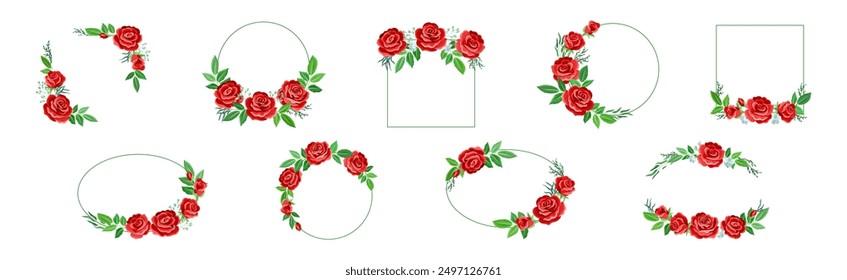 Rose Frame with Red Lush Bud and Green Leaves Arranged in Shape with Border Vector Set