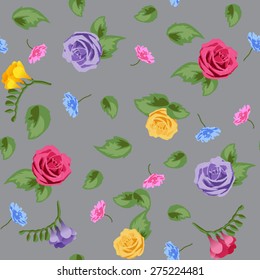 Rose and freesia realistic vector seamless pattern on background